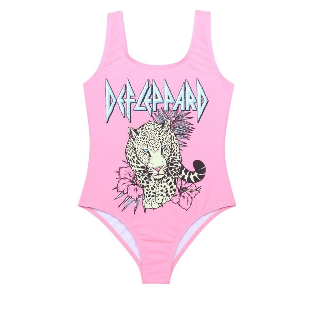 Def Leopard Girls Pink One-Piece Swimsuit, Size XS (4/5) NEW